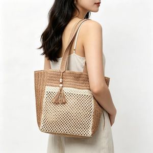 (V1082) Color Block Hollow Woven Beach Tote Bag, Handmade Knit Tassel Wooden Bead Large Capacity Beach Bag