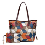 (V349) 2 in 1 Set PU Leather Lady Bag Designer Rhombus Splicing Tote Bag