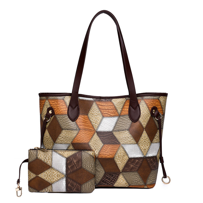 (V349) 2 in 1 Set PU Leather Lady Bag Designer Rhombus Splicing Tote Bag