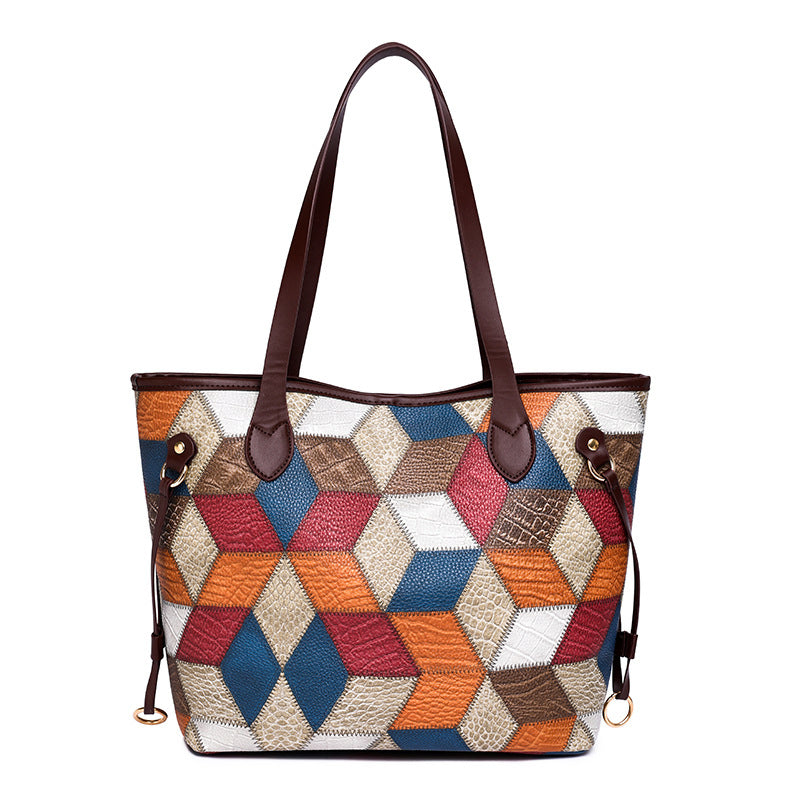 (V349) 2 in 1 Set PU Leather Lady Bag Designer Rhombus Splicing Tote Bag