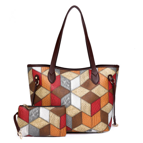 (V349) 2 in 1 Set PU Leather Lady Bag Designer Rhombus Splicing Tote Bag