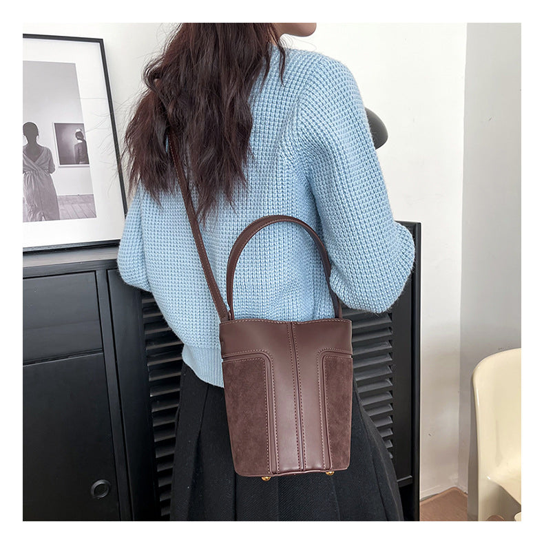 (V5598) Bucket Bag Frosted Fleece Patchwork Fashion Shoulder Straddle Tote Bag