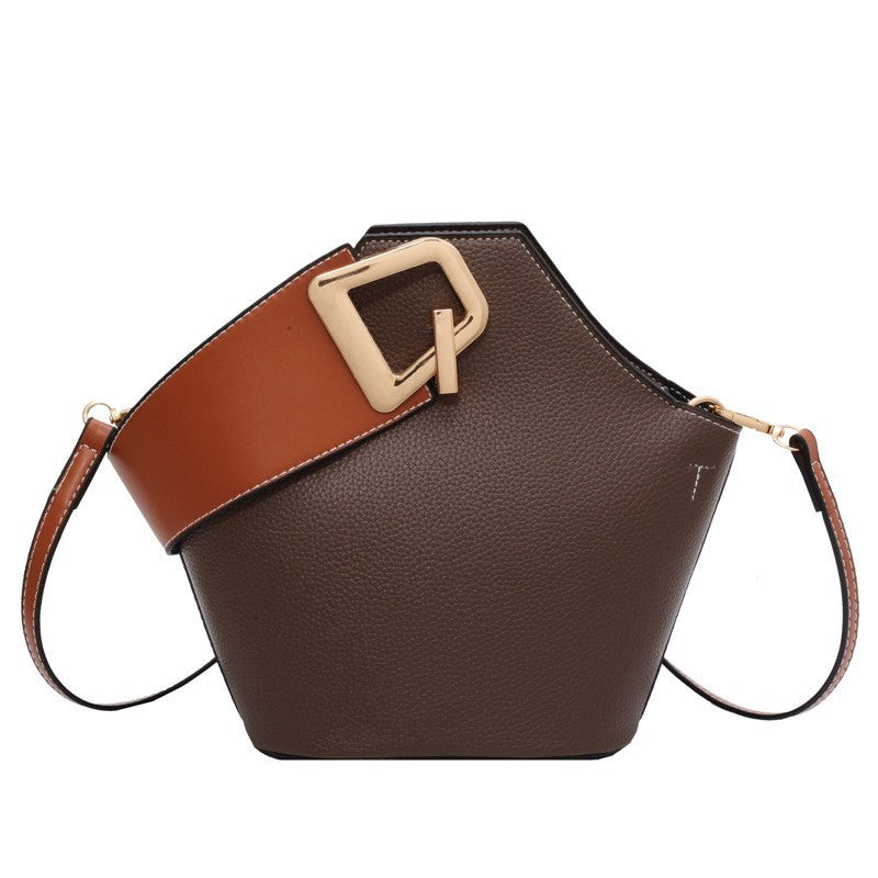 (V7085) Female Casual Simple Contrast Color Shoulder Bucket Bag Trend Fashion Texture Handbag
