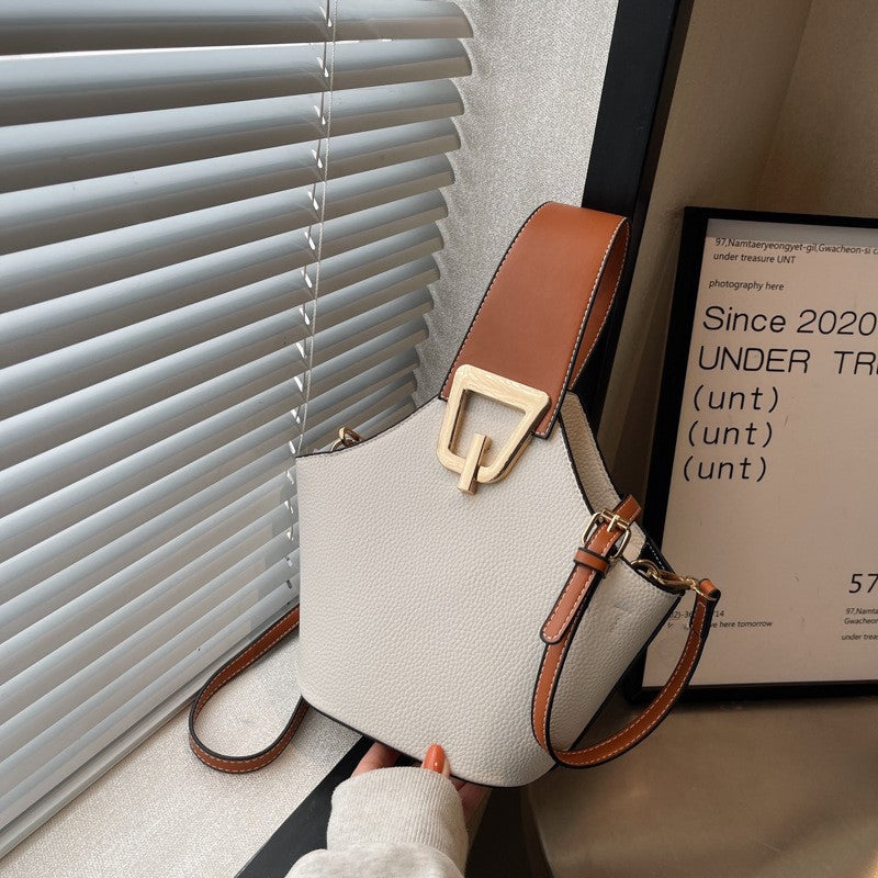 (V7085) Female Casual Simple Contrast Color Shoulder Bucket Bag Trend Fashion Texture Handbag