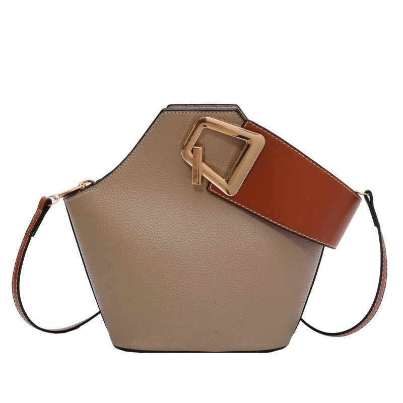 (V7085) Female Casual Simple Contrast Color Shoulder Bucket Bag Trend Fashion Texture Handbag