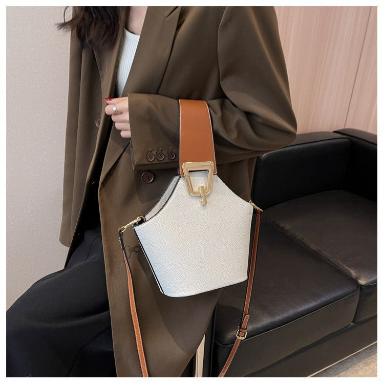 (V7085) Female Casual Simple Contrast Color Shoulder Bucket Bag Trend Fashion Texture Handbag