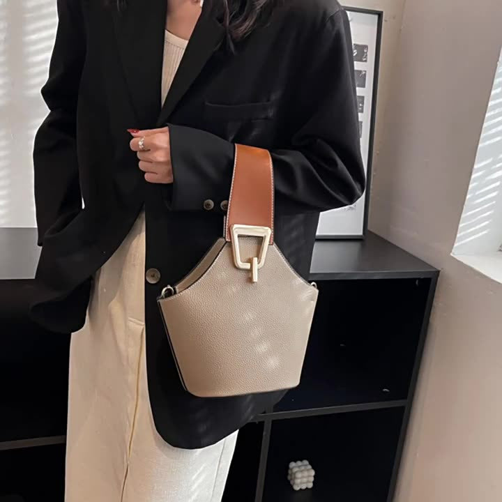 (V7085) Female Casual Simple Contrast Color Shoulder Bucket Bag Trend Fashion Texture Handbag