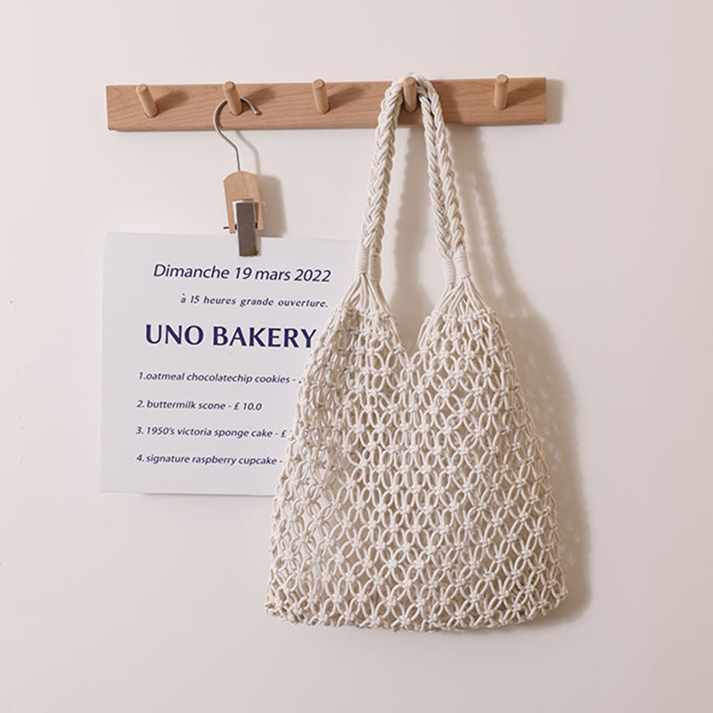 (V7467) Wind Cotton Thread Hand Woven Bag Beach Bag Women's Bag One Shoulder Handheld Leisure Hollow Travel Holiday Straw Woven Bag