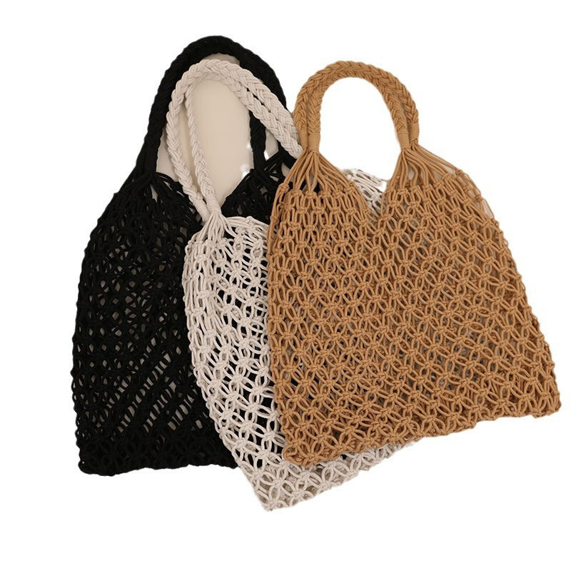 (V7467) Wind Cotton Thread Hand Woven Bag Beach Bag Women's Bag One Shoulder Handheld Leisure Hollow Travel Holiday Straw Woven Bag