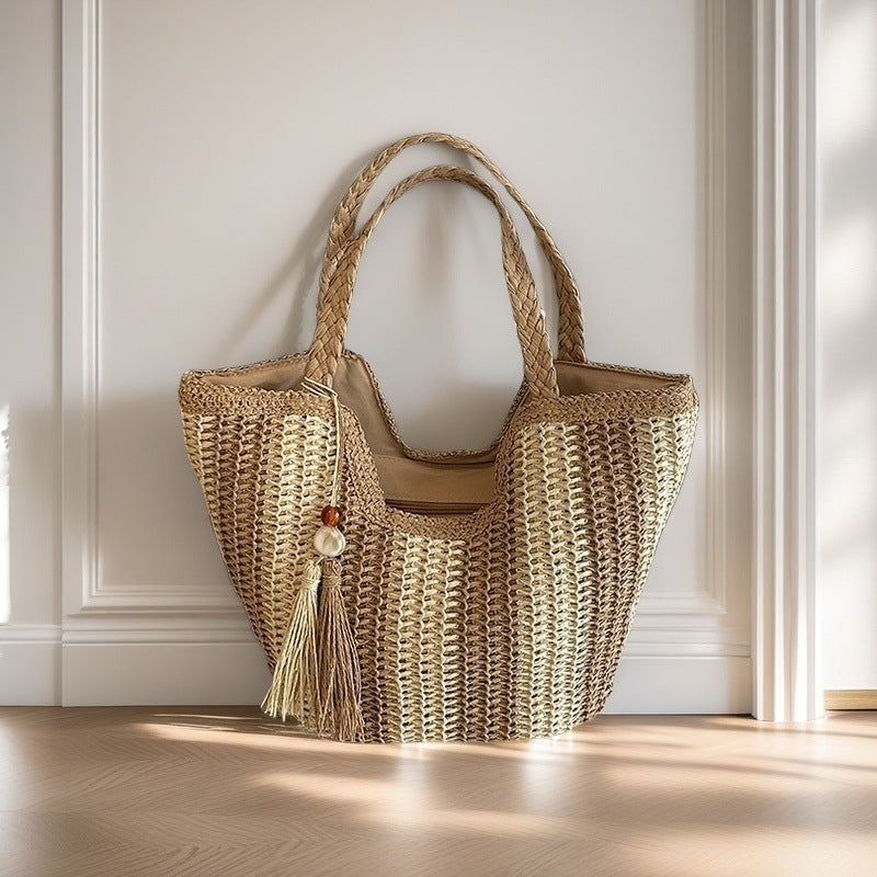 (V7504) Handwoven Bag Women's New Shoulder Bag Large Capacity Tote Bag Beach Holiday Straw Bag