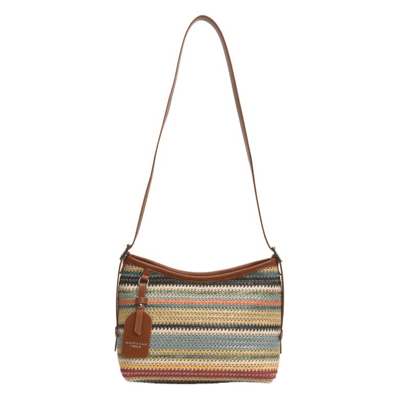 (V7505) Woven Women's Bag Shoulder Cross Body Bag Fashion Straw Bucket Bag Basket Bag