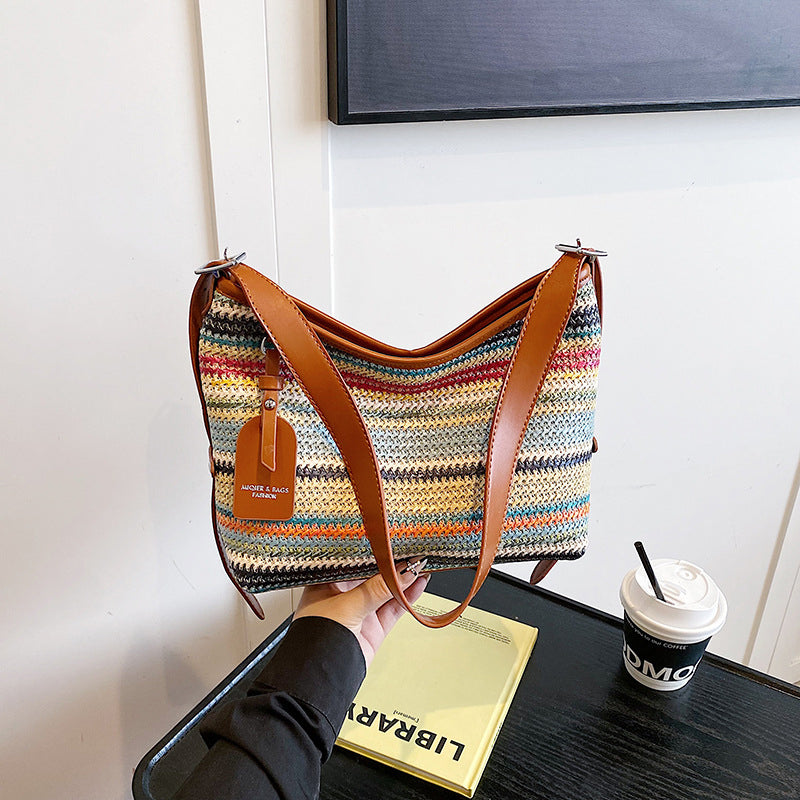 (V7505) Woven Women's Bag Shoulder Cross Body Bag Fashion Straw Bucket Bag Basket Bag