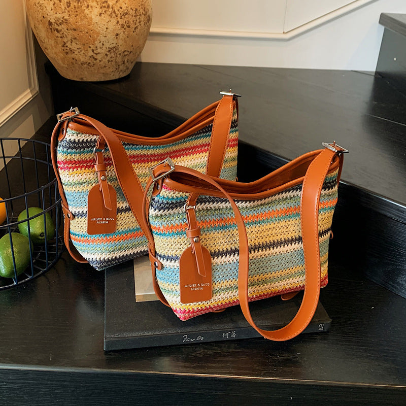 (V7505) Woven Women's Bag Shoulder Cross Body Bag Fashion Straw Bucket Bag Basket Bag