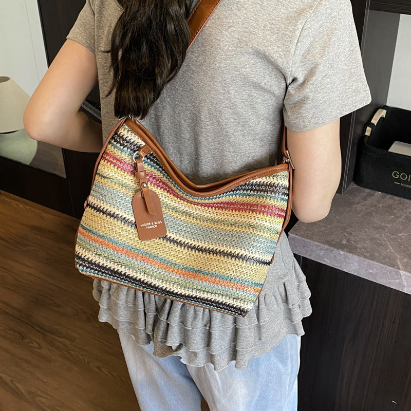 (V7505) Woven Women's Bag Shoulder Cross Body Bag Fashion Straw Bucket Bag Basket Bag