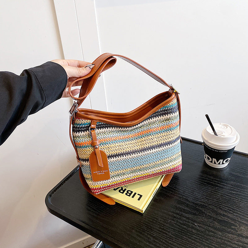 (V7505) Woven Women's Bag Shoulder Cross Body Bag Fashion Straw Bucket Bag Basket Bag