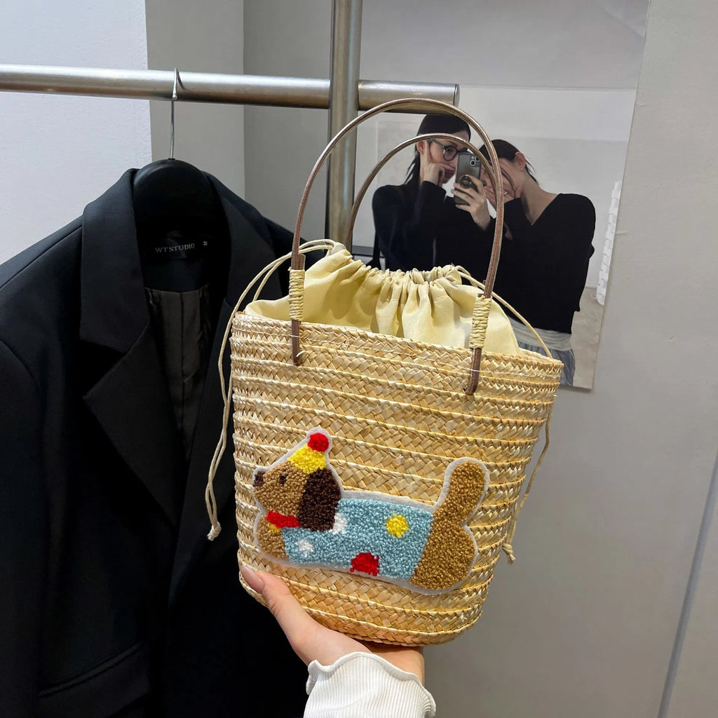 (V7514) Fashionable New Commuter Straw Bucket Bag Small Design Senior-Feeling Handbag