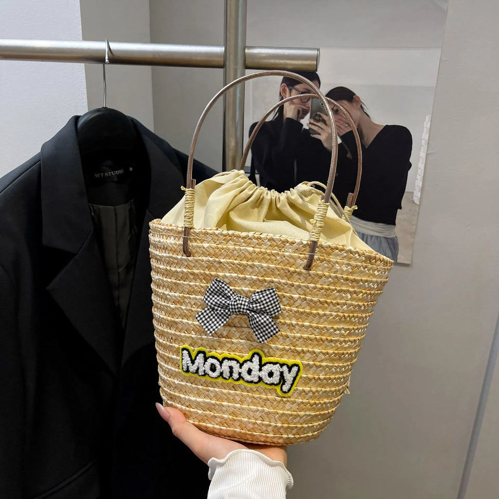 (V7514) Fashionable New Commuter Straw Bucket Bag Small Design Senior-Feeling Handbag