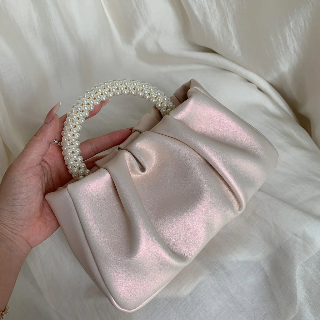 (WD3846) Girl Pearl Handbag Pleated Crossbody Cloud Bag