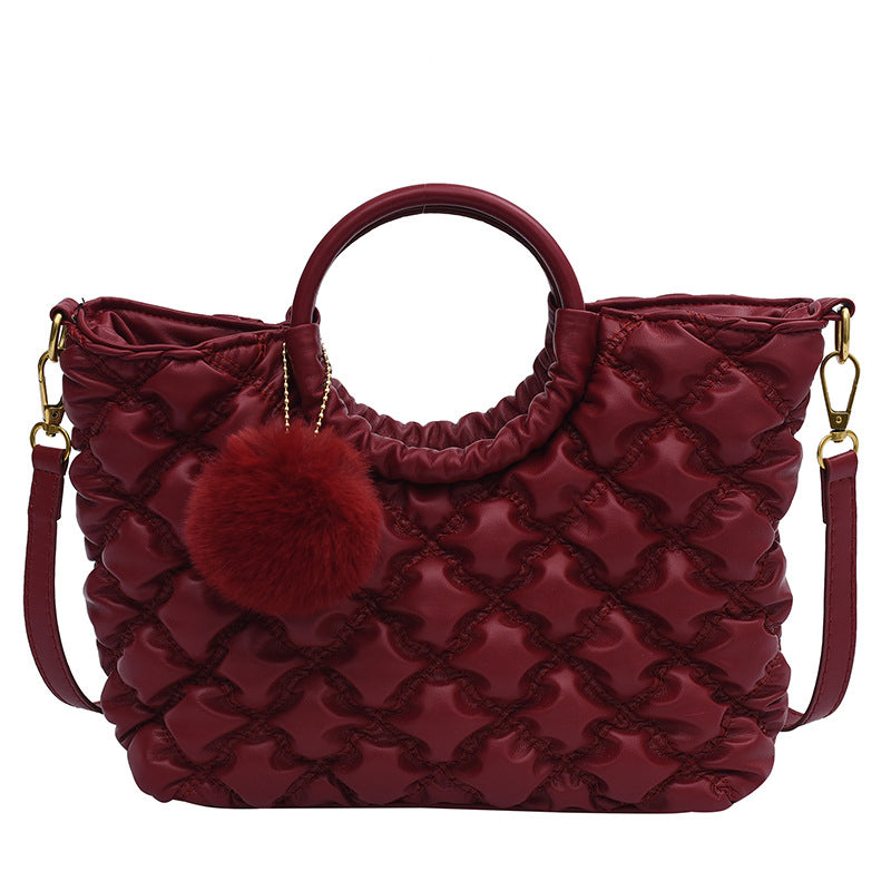 (WD4014) Plaid Embroidered Wool Ball Handbag for Women
