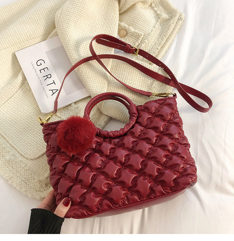 (WD4014) Plaid Embroidered Wool Ball Handbag for Women