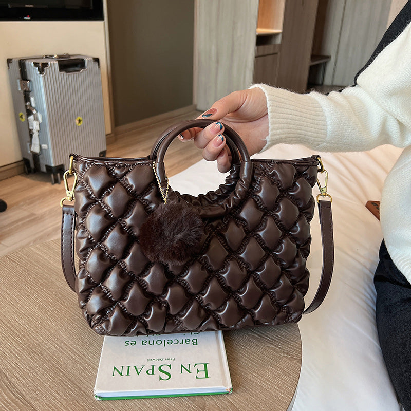 (WD4014) Plaid Embroidered Wool Ball Handbag for Women