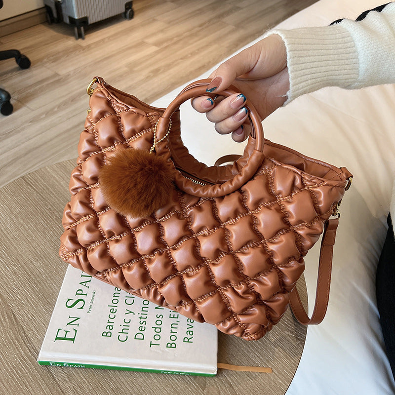 (WD4014) Plaid Embroidered Wool Ball Handbag for Women