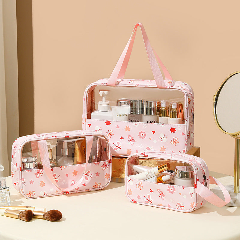 (WD4845) Printed Transparent Makeup Bag Large Capacity Splicing Tote Bag Sweet Macaron Toiletry Bag Travel Portable Storage Bag
