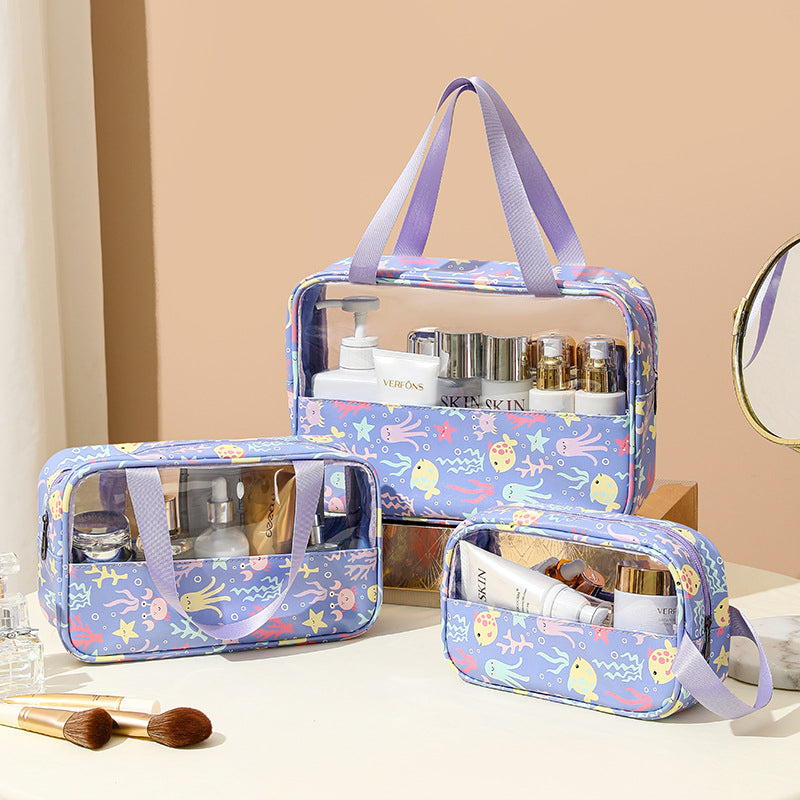 (WD4845) Printed Transparent Makeup Bag Large Capacity Splicing Tote Bag Sweet Macaron Toiletry Bag Travel Portable Storage Bag