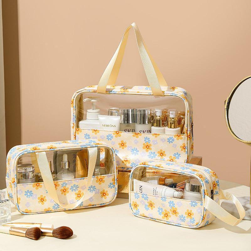 (WD4845) Printed Transparent Makeup Bag Large Capacity Splicing Tote Bag Sweet Macaron Toiletry Bag Travel Portable Storage Bag