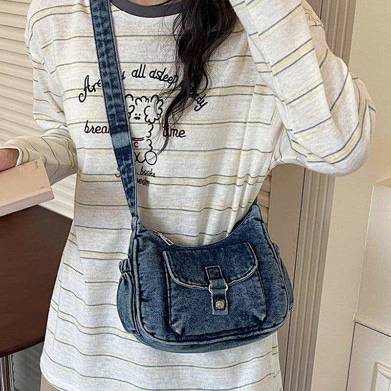 (WX3391) Classic Washed Denim Crossbody Bag for Daily Outfits